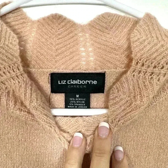Liz Claiborne Career Sweater Medium Pastel Pink Crochet Mock Neck Scallop Knit - Picture 7 of 8